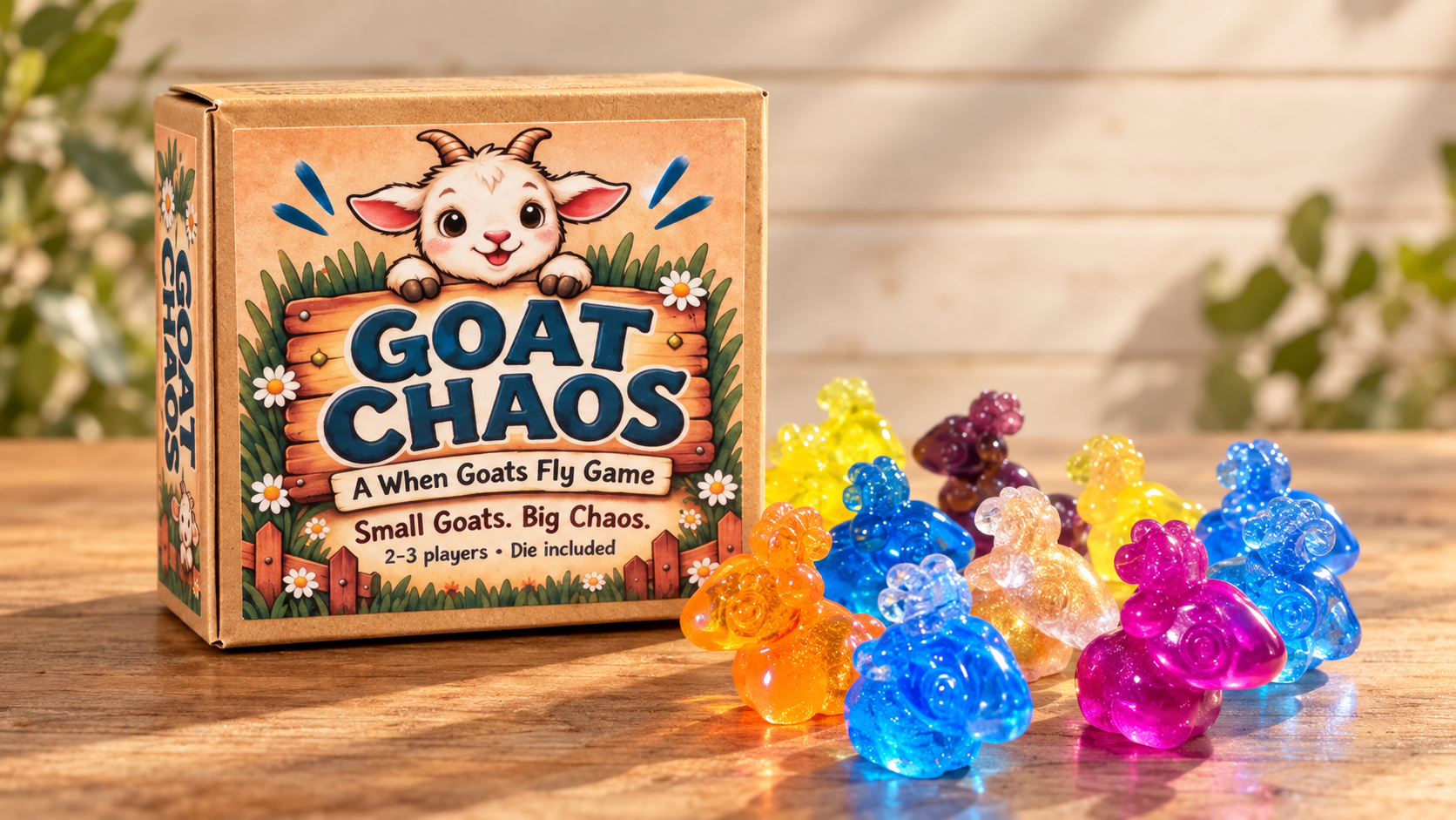 Goat Chaos box with colorful translucent goat figurines