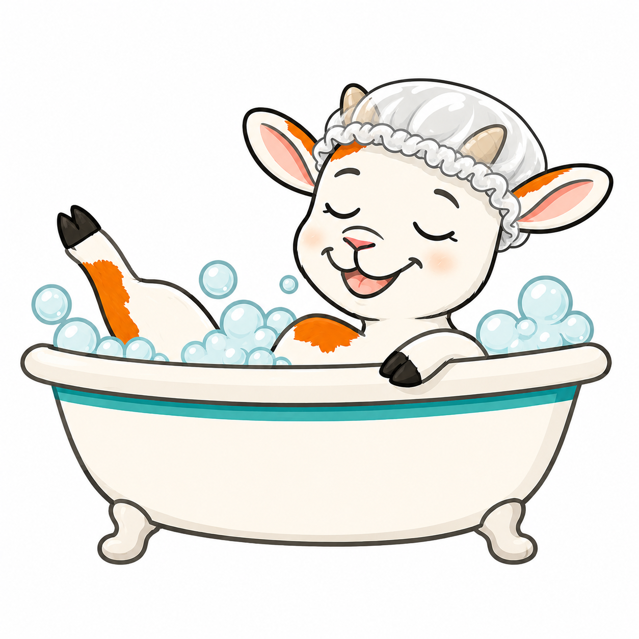 Ginger the goat relaxing in a bubble bath